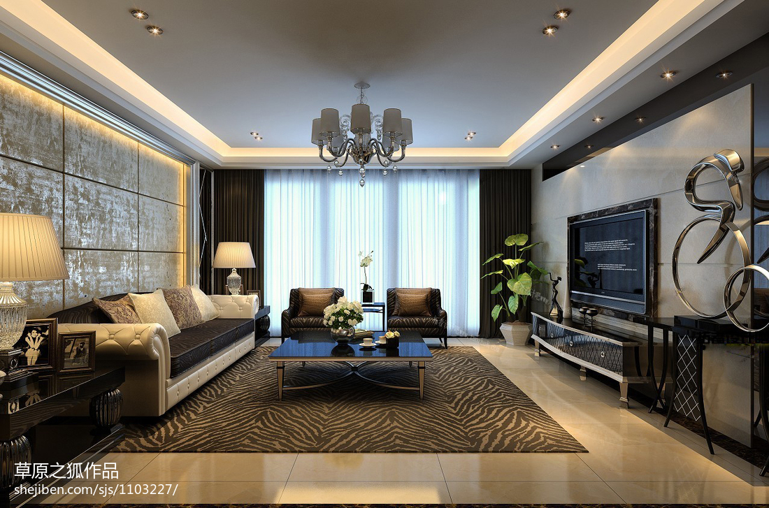 歐式奢華客廳_歐式四居家裝室內設計 客廳 電視背景墻 沙發背景墻 落地窗 電視墻家居裝修設計3000例 &ndash; 設計本裝修效果圖